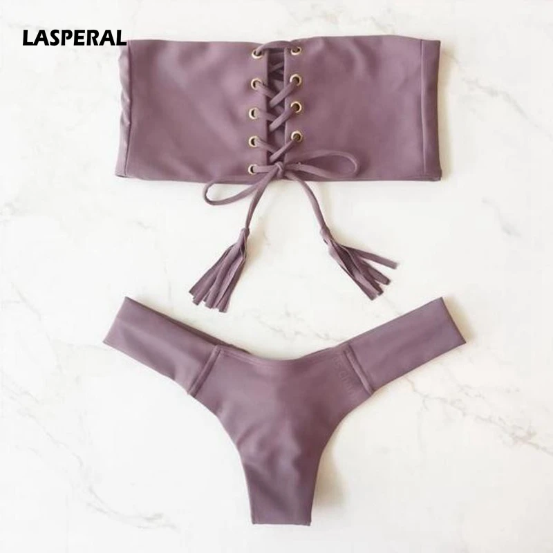 

LASPERAL 2017 Bikini Set Sexy Bandeau Lace Up Bandage Swimsuit Swimwear For Women Solid Two Pieces Brazilian Bikini Bathing Suit