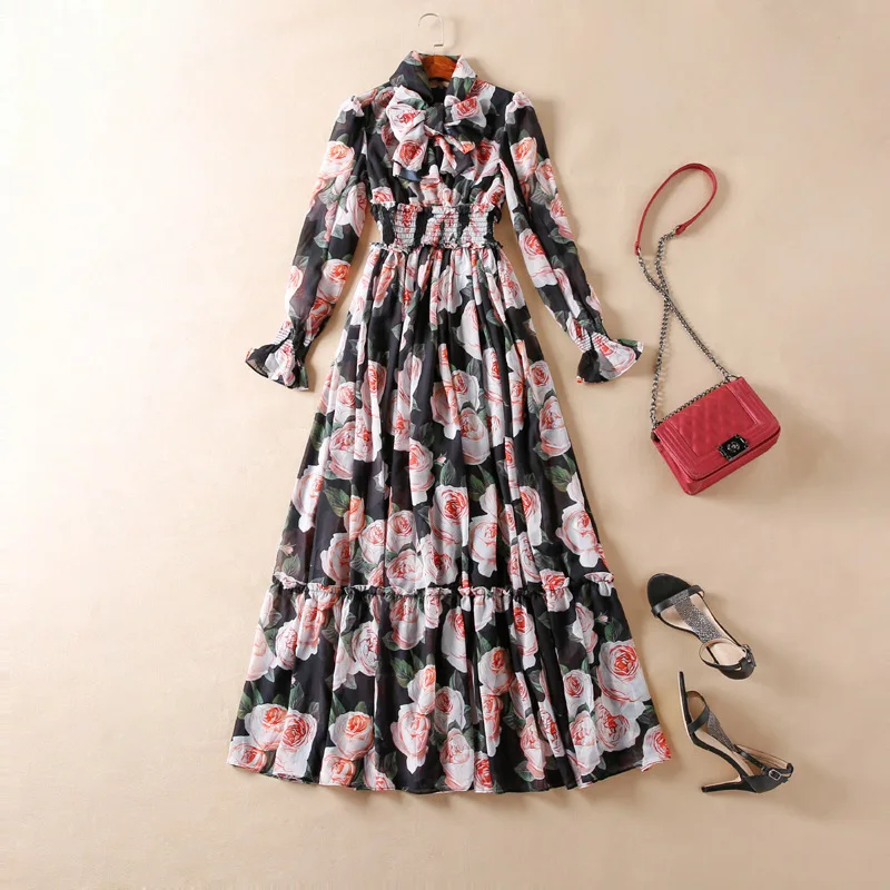 

High quality 70% silk dress brand new design floral print Bohemian dress 2019 summer runways long sleeves maxi dress A219
