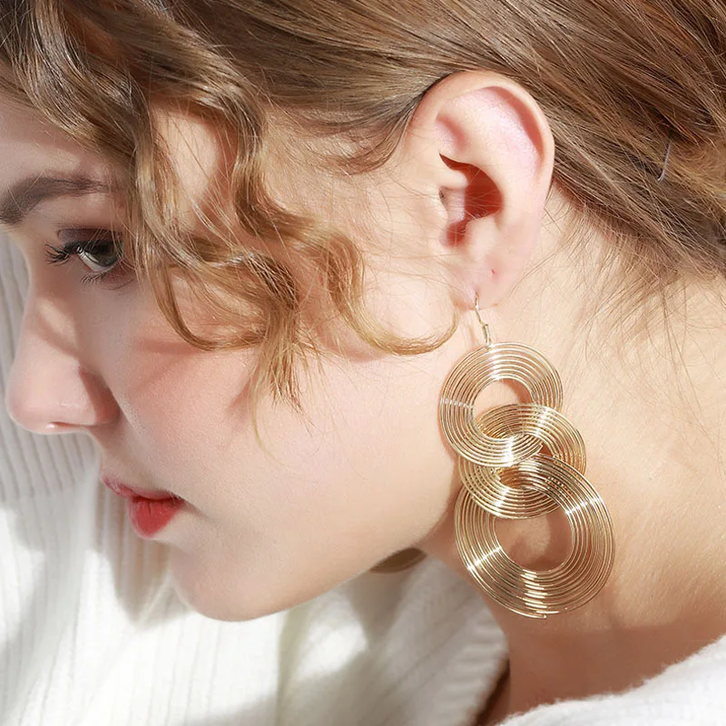 Ear Clip Earrings Punk Gold Color Big Geometric 3 Circle Long For Women Bohemian Party Exaggerated Fashion Jewelry