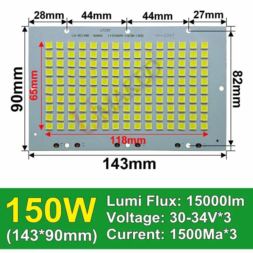 Полностью мощный светодиодный прожектор PCB 10 Вт 20 Вт 30 Вт 50 Вт 100 Вт 150 Вт 200 Вт SMD5054 светодиодный щит, алюминиевая пластина для Светодиодный прожектор - Испускаемый цвет: 150W 143x90mm