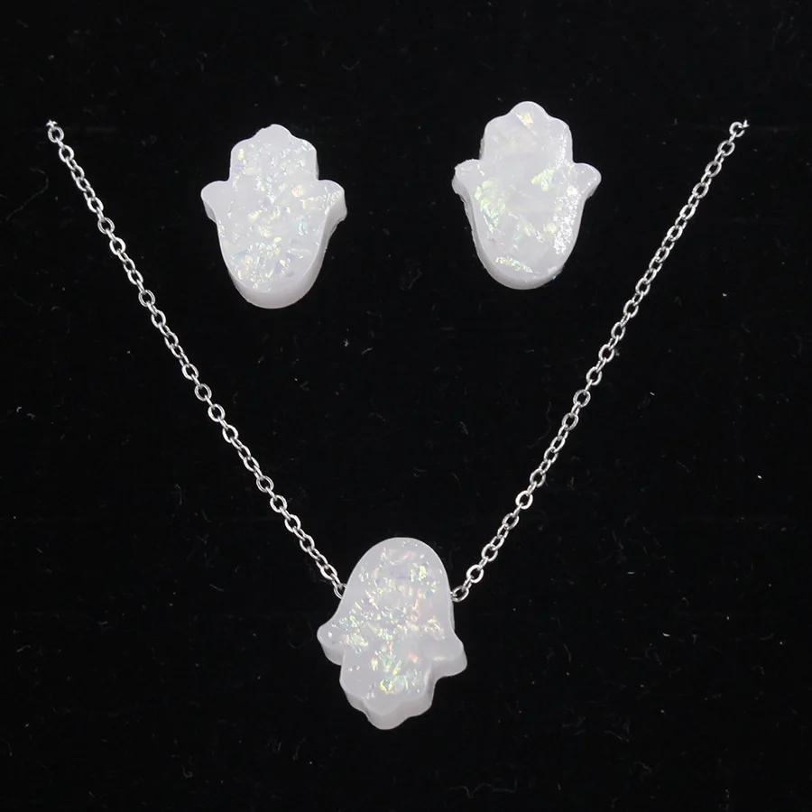 

Fashion Blue White Crystal Resin Fire Opal Hamsa Hand Pendant Necklace Fatima Earrings For Women Girl Israel Jewish Jewelry Set