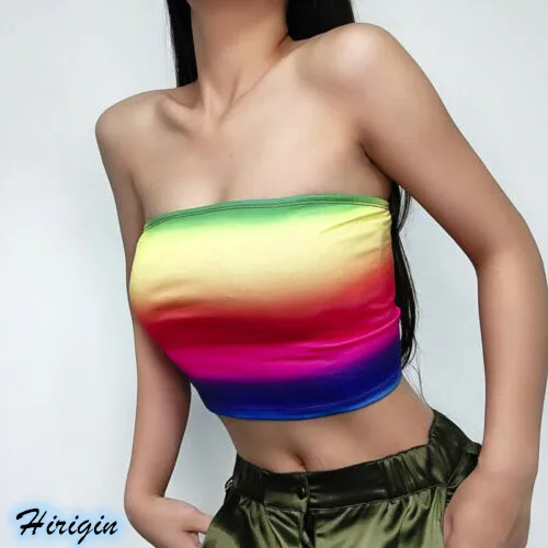 Summer Women Sexy Strapless Crop Tops 2019 New Women Summer Sexy Strapless Rainbow Short Crop Tops Size S-L