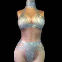 Женская сексуальная одежда для ночного клуба Baalmar DJ сверкающие кристаллы кисточкой комбинезон для празднования дня рождения серебро, бриллианты трико