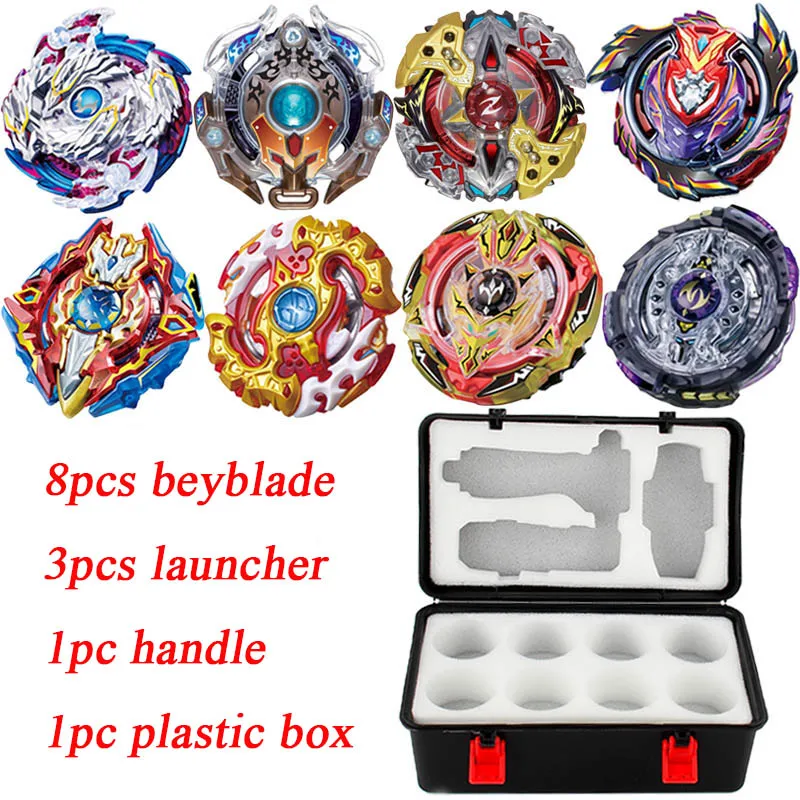 

Spin Tops Beyblade Burst Bayblade Set 8 Bey blade+3 Launchers+1 Handle+1 Plastic Box Fighting Gyro Metal Fusion 4D Gift Toys