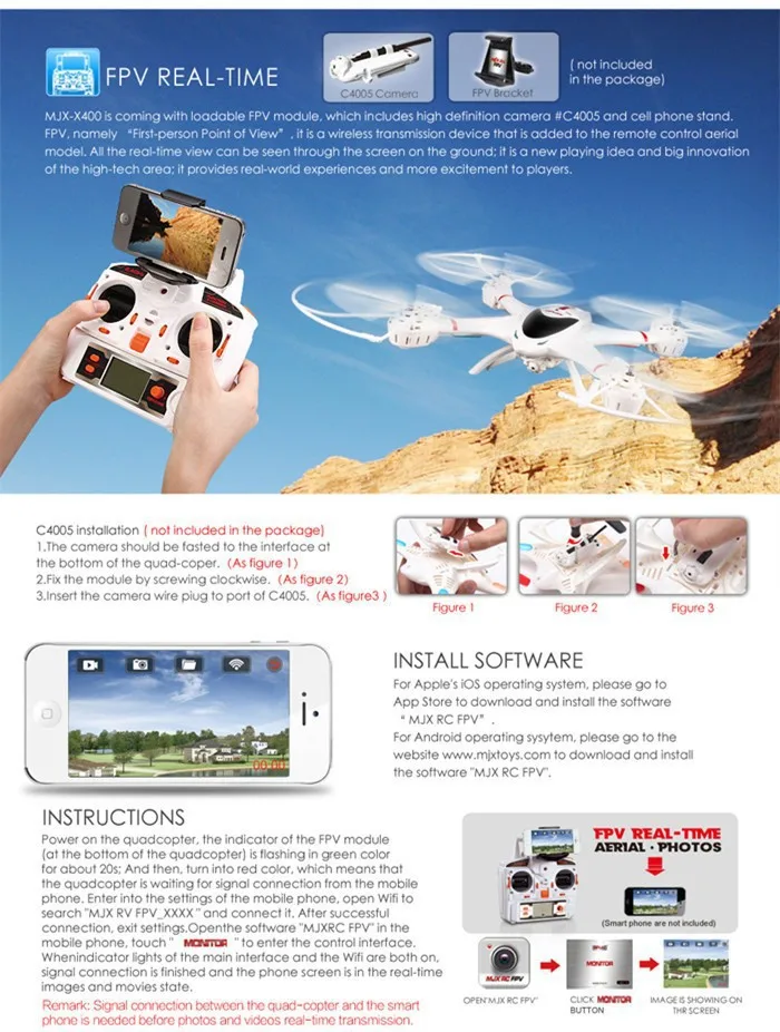 MJX X400 2,4G Квадрокоптер с дистанционным управлением drone RC вертолет 6-осевой можете добавить C4005 и поддержкой Wi-Fi FPV Wi-Fi в режиме реального времени