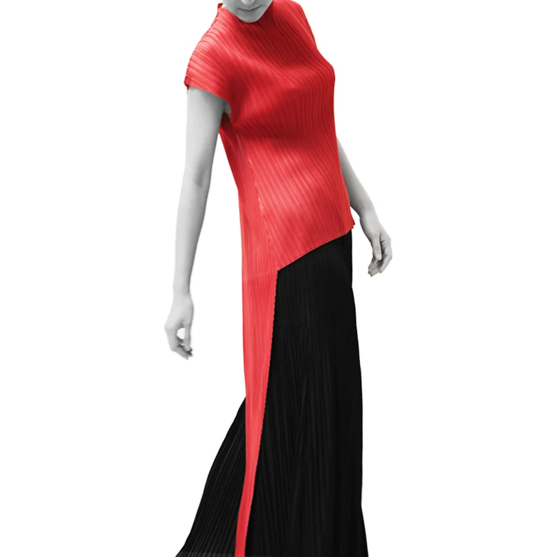 

Changpleat 2018 Summer Women's T-shirt Miyak Pleated Original design short sleeve Stand collar Solid Back fork T-shirts Tide DT