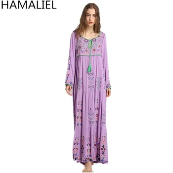 

HAMALIEL New 2018 Summer Elegant Bohemian Long Women Dress Violet Floral Embroidery Floral Cotton Tie Maxi Loose Beach Dress