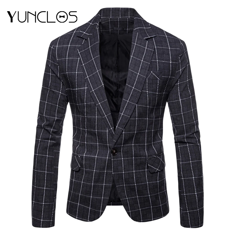 

YUNCLOS 2019 New Slim Fit Business Men Suit Blazer Classic Plaid Print Suit Jacket High Quality Casual Male Blazer Prom Blazers