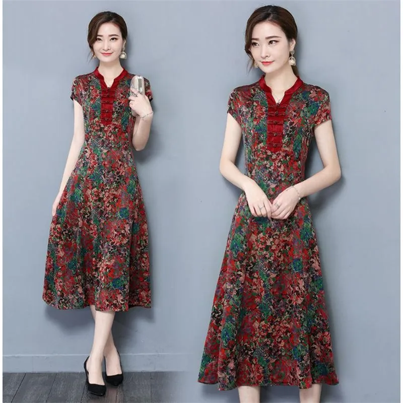 

M-4XL!Summer New Arrive Female Vintage Printed Mimetic Silk Dresses Elegant Mimetic Mulberry Silk Dress