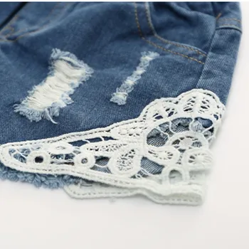 New Summer Korean Girls Lace Hole Jeans Shorts Cowboy Kids Girls Cute Shorts Jeans Short Lace Pocket Denim Shorts Children 2-12Y 4