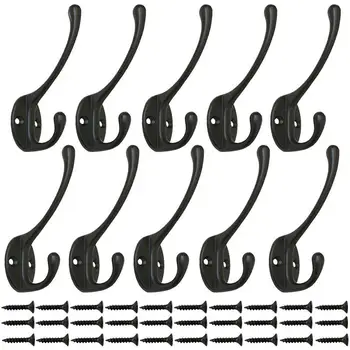 

10 Pack Heavy Duty Dual Coat Hooks Wall Mounted with 30 Screws Retro Double Utility Rustic Hooks for Coat, Scarf, Bag, Towel,