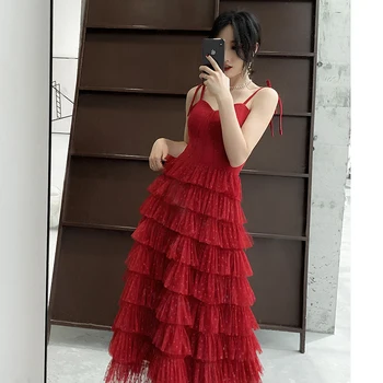 

Long Evening Dresses Sleeveless 2020 Wine Red Sexy Illusion Floor Length Tulle Fashion Evening Dress Party Gown LF381