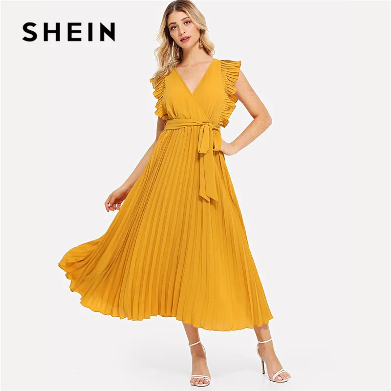 SHEIN Плиссированное Платье С Оборками И Поясом Женское Летнее Элегантное Платье С Высокой Талией И V-Образным Вырезом