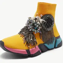 Прозрачные носки, кроссовки, желтые женские Стразы, повседневная обувь, кроссовки с кристаллами, женские вязаные носки с кисточками, модные кроссовки WK97