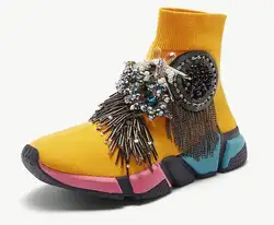 Носки с кристаллами, желтые женские повседневные туфли со стразами, женские вязаные носки с кисточками, модные кроссовки WK97
