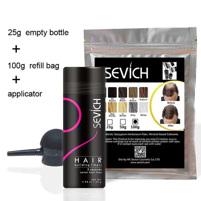 Fibra de Construção do Cabelo Vazia + Aplicador Espessador de Cabelo Tratamento de Perda de Cabelo Bolsa + 25g Sevich Reenchimento Garrafa Mais Completo 10 Cores 100g 1 Prod. perda cab. masc.