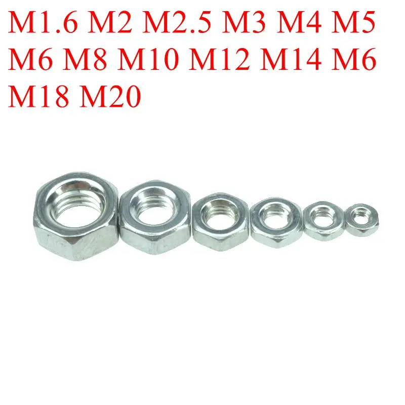 Stainless Steel 304 Metric thread DIN934 M1.6 M2 M2.5 M3 M4 M5 M6 M8 M10 M12 M14 M16 M18 M20 Hex Nuts Stainless Steel 304 Metric thread DIN934 M1.6 M2 M2.5 M3 M4 M5 M6 M8 M10 M12 M14 M16 M18 M20 Hex Nuts