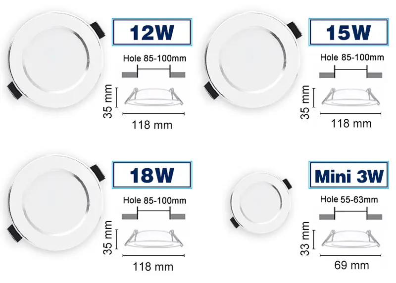 Downlight de 3w 230v para Quarto e Áreas Luminária 12w 15w 18w Lâmpada Embutida Redonda 110v 220v Internas Led 5w 7w 9w 15 9w 12w 15w 18w, lâmpada embutida redonda,