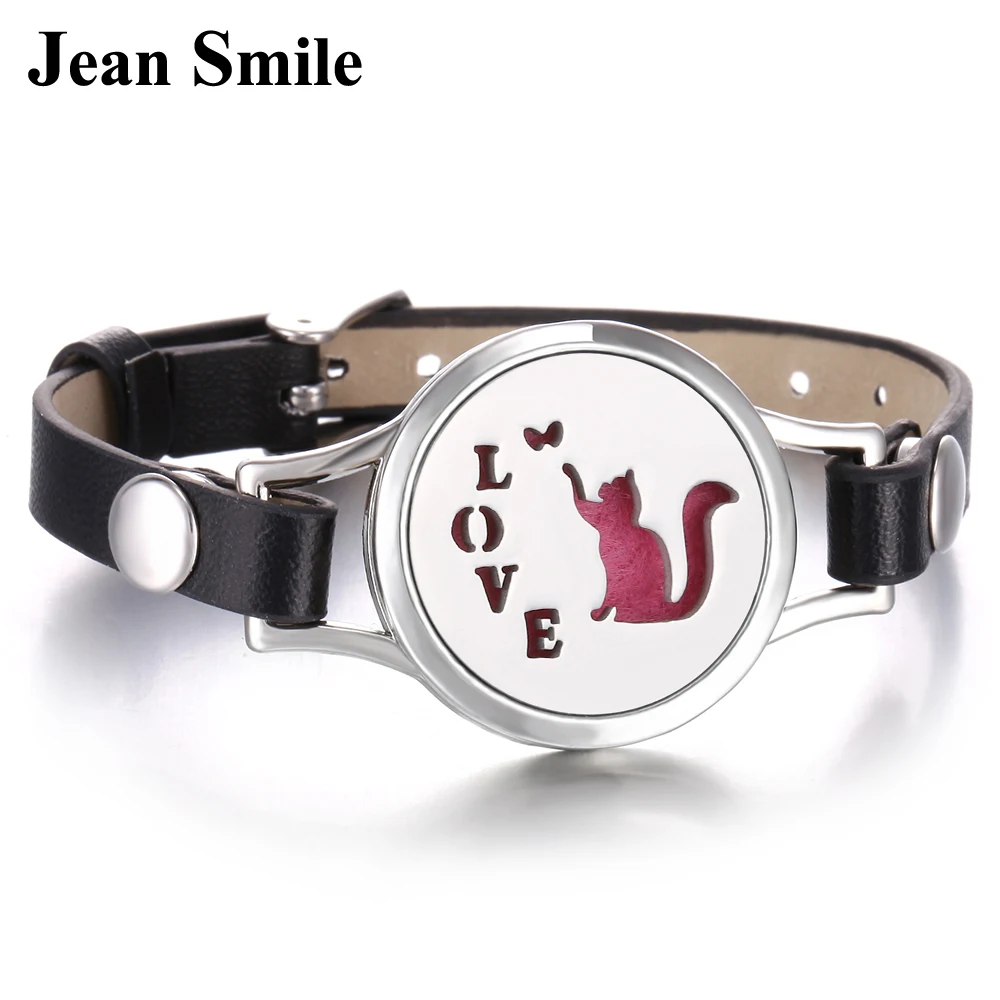 

New Aromatherapy Bracelet Leather Jewelry Stainless Steel Essential Oil Diffuser Locket Love Cat Leather Bracelet with 10pcs Pad