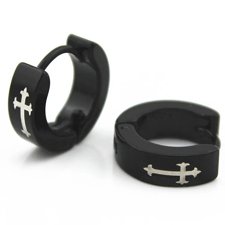 1 Pair Men Women's Fashion Stainless Steel Hoop Earrings Black Cross