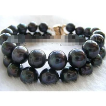 " Двойной Естественно 11 мм Черный Круглый Браслет Перлы 14KGP! Благородный стиль Природный Изысканные jewe Быстрая