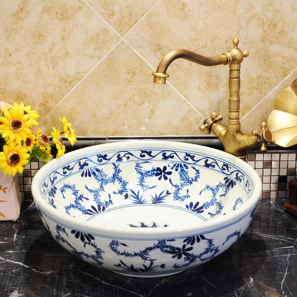 Bthroom Counter Top Wash Basin Cloakroom Hand Painted Vessel Sink bathroom sinks Blue and white bathroom wash hand basin (1)