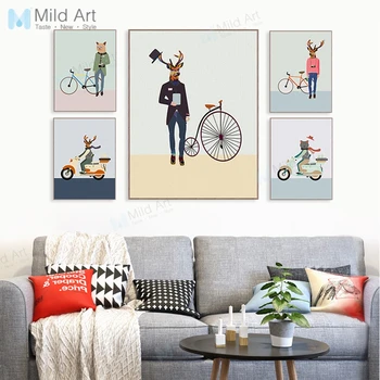 

Vintage Hipster Animals Fashion Bicycle Cat Deer Poster Print Nordic Style Wall Art Picture Home Deco Canvas Painting No Frame