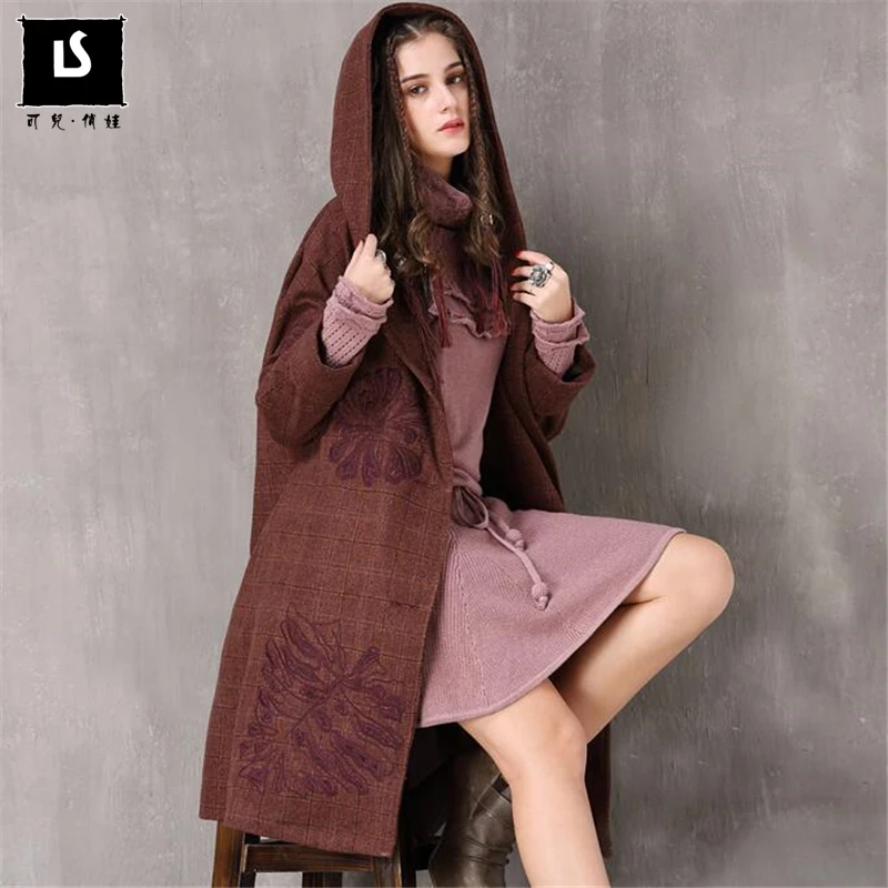 

High quality embroidery woolen coats womens Vintage Thicken large size office elegant Hooded autumn Overcoat Ladies Solid Coats