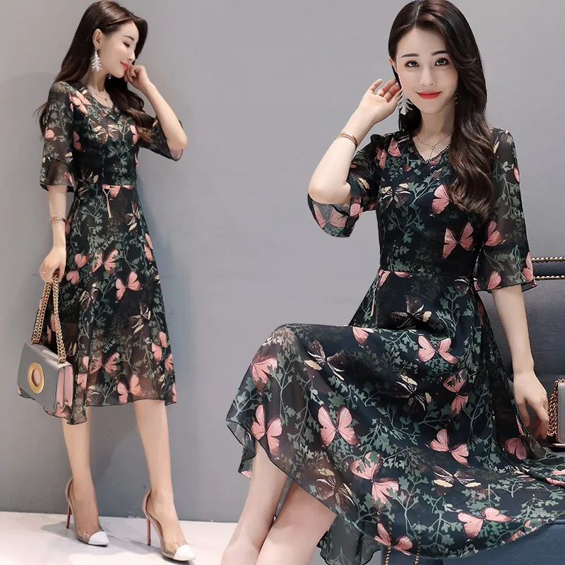 

New Summer Style Hot Sale Women Dresses Plus Size Fashion V-Neck Slim Half Sleeve Print Chiffon Dress For Women Larger One-Piece