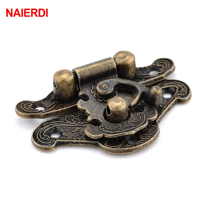 NAIERDI 2Pcs Antique Bronze Jewelry Wooden Box Hasp Latch + 4Pcs Vintage Cabinet Hinges Mini Door Hinges Furniture Accessories