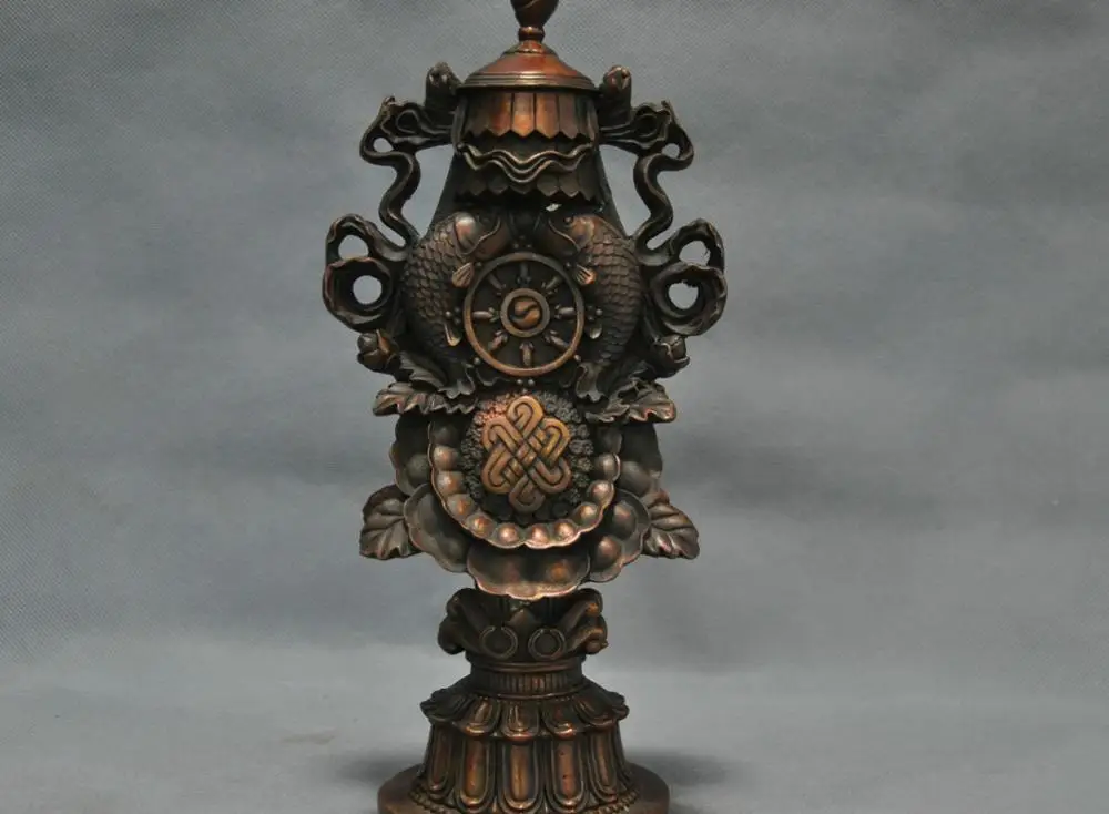 

11'' China Tibet Auspicious Symbol Ritual Instuctment Talisman Carve Double Fish