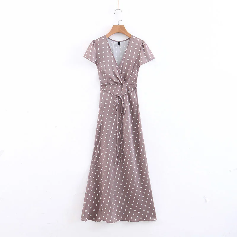 

BBWM WOMAN Spring Casual Polka Dot Print Bow Sashes Maxi Dress Fashion Women Streetwear V-Neck Short Sleeve Vestidos Mujer