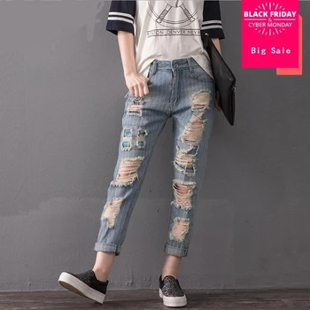 

2XL-8XL plus size stripe cotton Ankle-Length Pants 2020 new fashion women 's stiching bleached hole jeans w1497 free shipping