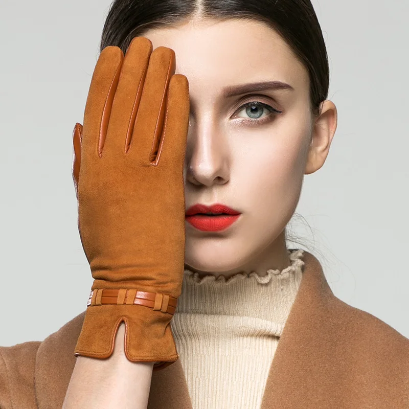 KLSS Brand Genuine Leather Suede Women Gloves Autumn Winter Plus Velvet Fashion Elegant Lady Goatskin Glove For Driving 96