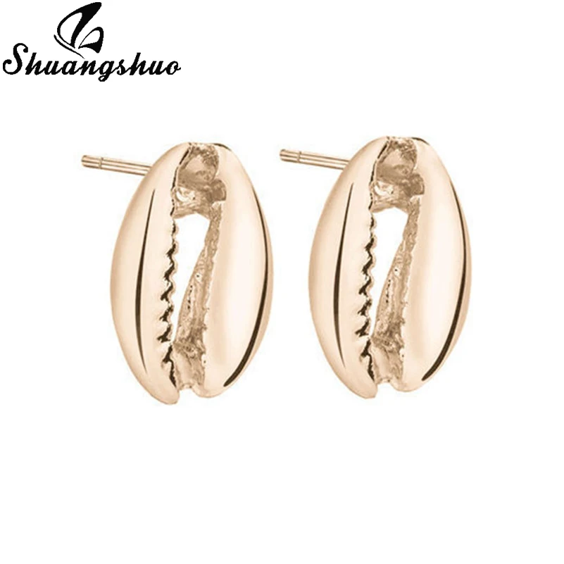 Серьги гвоздики Shuangshuo Cowrie в виде ракушек океанские серьги для женщин Золотые