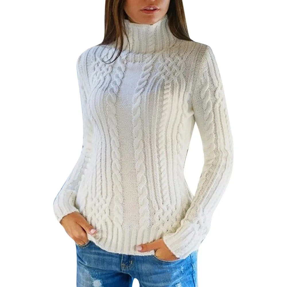 Женский свитер с высоким воротником и длинным рукавом, пуловер с высоким воротником, вязаный джемпер, топы, блузка Hiver Dames, новинка - Цвет: White
