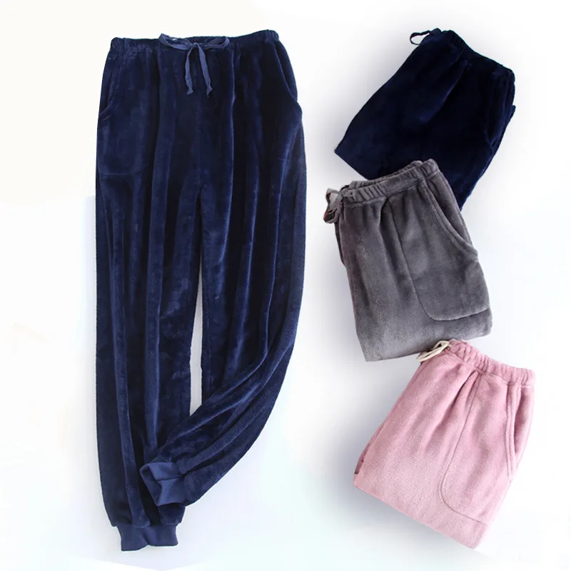 

Couple models flannel pajama pants Solid color simplicity woman warm pants