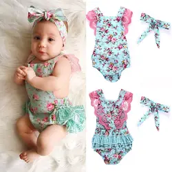 Puseky/модный детский комбинезон для новорожденных, одежда для маленьких девочек, комбинезон с оборками и рукавами сзади и крестиком + повязка