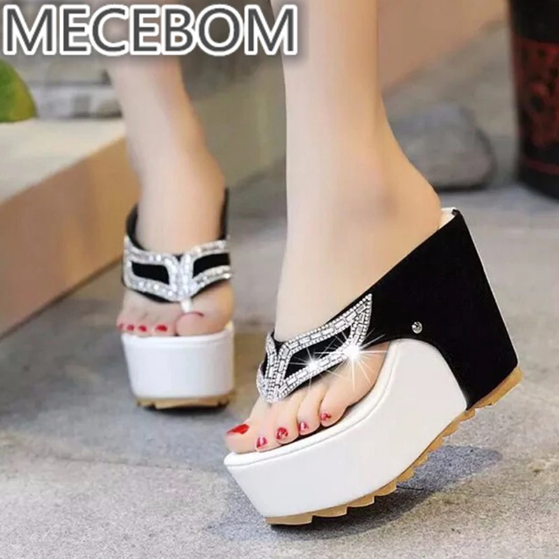 En Ligne 2018 Marque Fond Épais Plate Forme Flip Flops Strass Talon Compensé Chaussures Patchwork Femme D été Sandales A821W