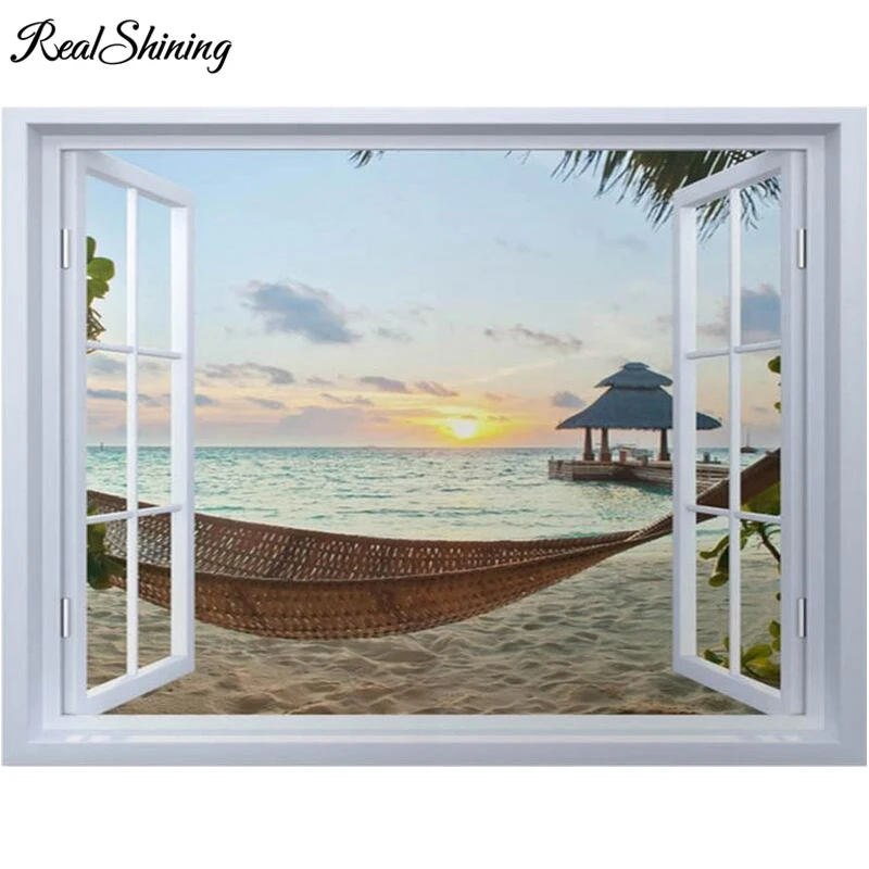 Full Square/Round 5D Diy Diamond Painting Cross Stitch &quotsea sunrise hammock&quot Rhinestone Embroidery Window Mosaic Crafts FS5094 | Дом и