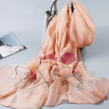 

Chinese Silk Wool Scarves Long Flower Scarf 2020 Women Silk Shawls And Wraps Silk Scarf With Embroidery Gift For Ladies