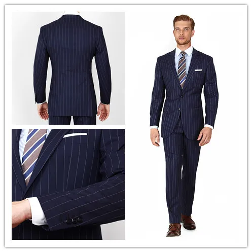 

Top quality new arrival 100% wool wide navy striped classic 2 button with notch lapel custom made latest coat pant designs
