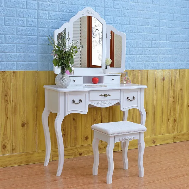Wooden Dressing Table Makeup Desk With Stool Tri Fold Mirror 5 Wooden Dressing Table Makeup Desk With Stool Tri Fold Mirror 5 Drawers White Bedroom Furniture