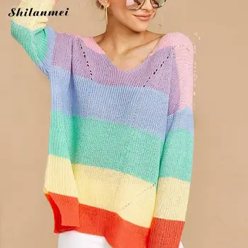 

2019 New Spring Sweater Women Rainbow Striped Pullover Tops V Neck Loose Autumn Cashmere Knitted Sweater Female Sweater Tops