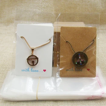 

2 design necklace pendant display card printed handmade with love 5*7cm white/brown jewelry card 100pcs card+100pcs plastic bag