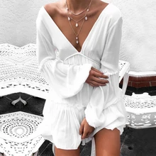 Летние модные шифоновые сексуальные вечерние платья с v-образным вырезом и рукавами-фонариками, белые мини-платья с длинным рукавом, вечерние пляжные сарафаны