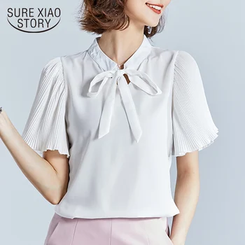 

New 2018 Fashion Summer Chiffon Women Blouse Shirt Short Sleeve Bow Neck Women Tops Plus Size Causal Clothing Blusas D685 30