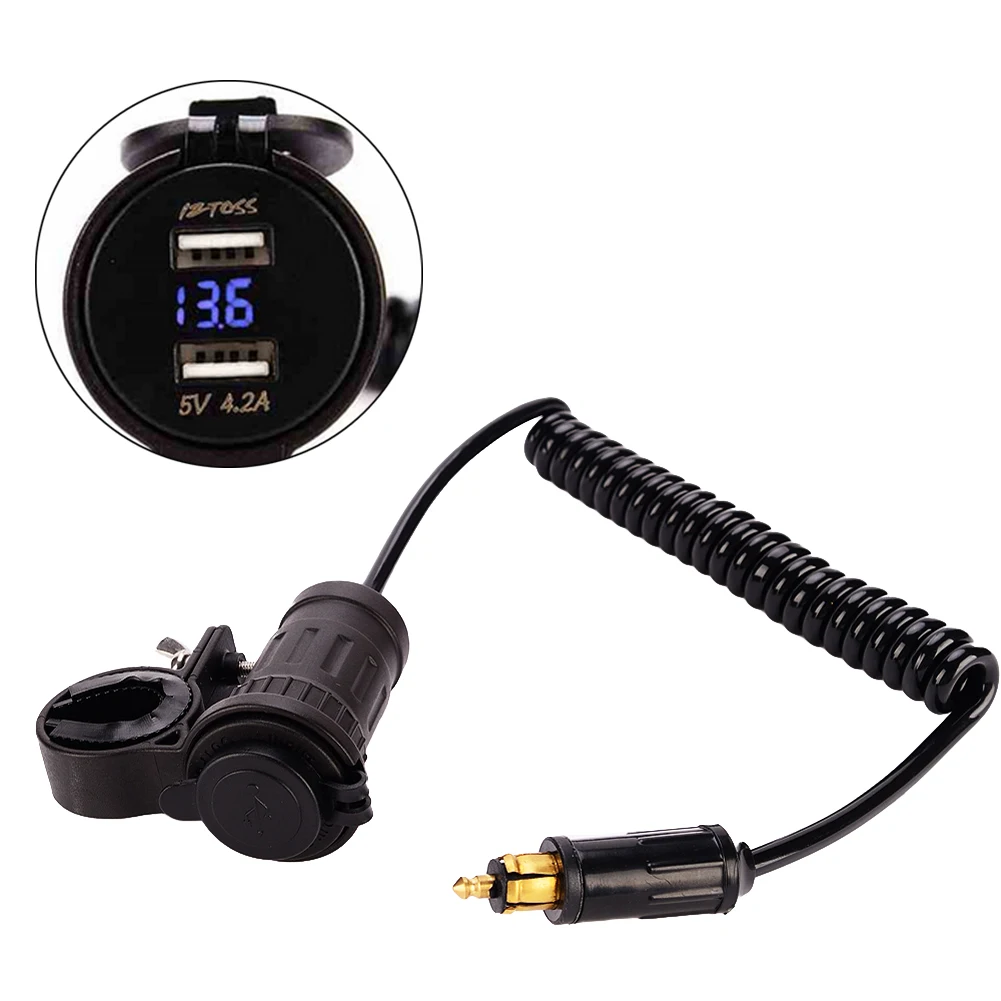 

Motorcycle 5V 4.2A Dual USB Power Charger Adapter Blue LED Voltmeter with Plug Spring Coiled Cable Cord for BMW Moto Accessories