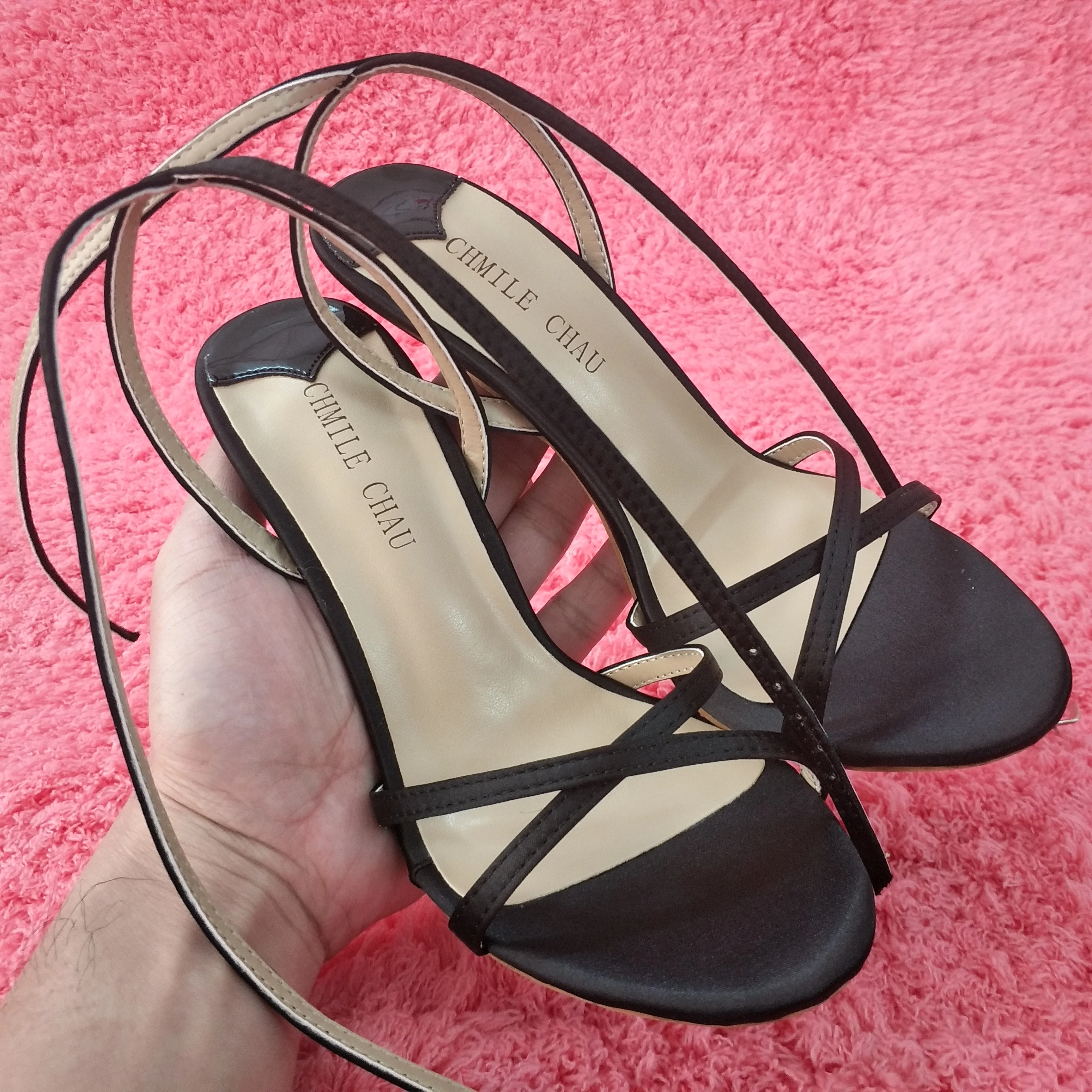 

Women Stiletto Thin High Heel Sandal Sexy Ankle Strap Open Toe Black Satin Wedding Party Bridals Ball Lady Shoe 158-a