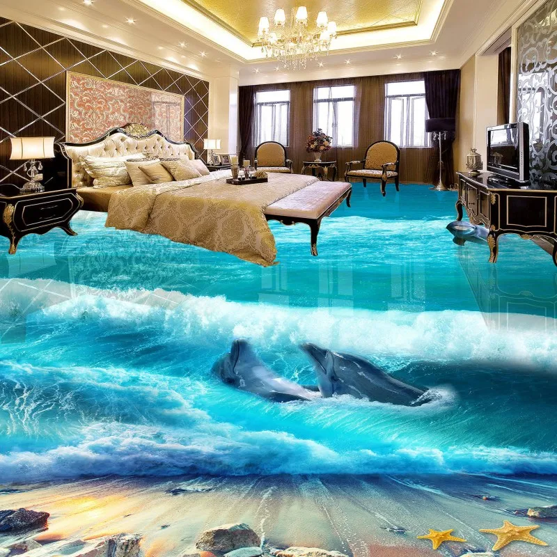 

Free shipping custom Beautiful Beach Spray 3D Floor anti-skidding thickened bathroom mural wallpaper living room flooring